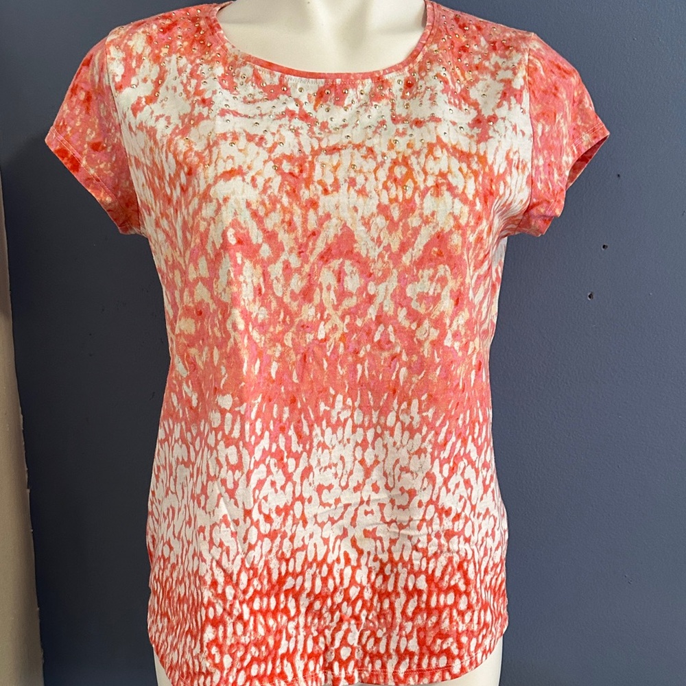 Vibrant Coral and White Short Sleeve Top